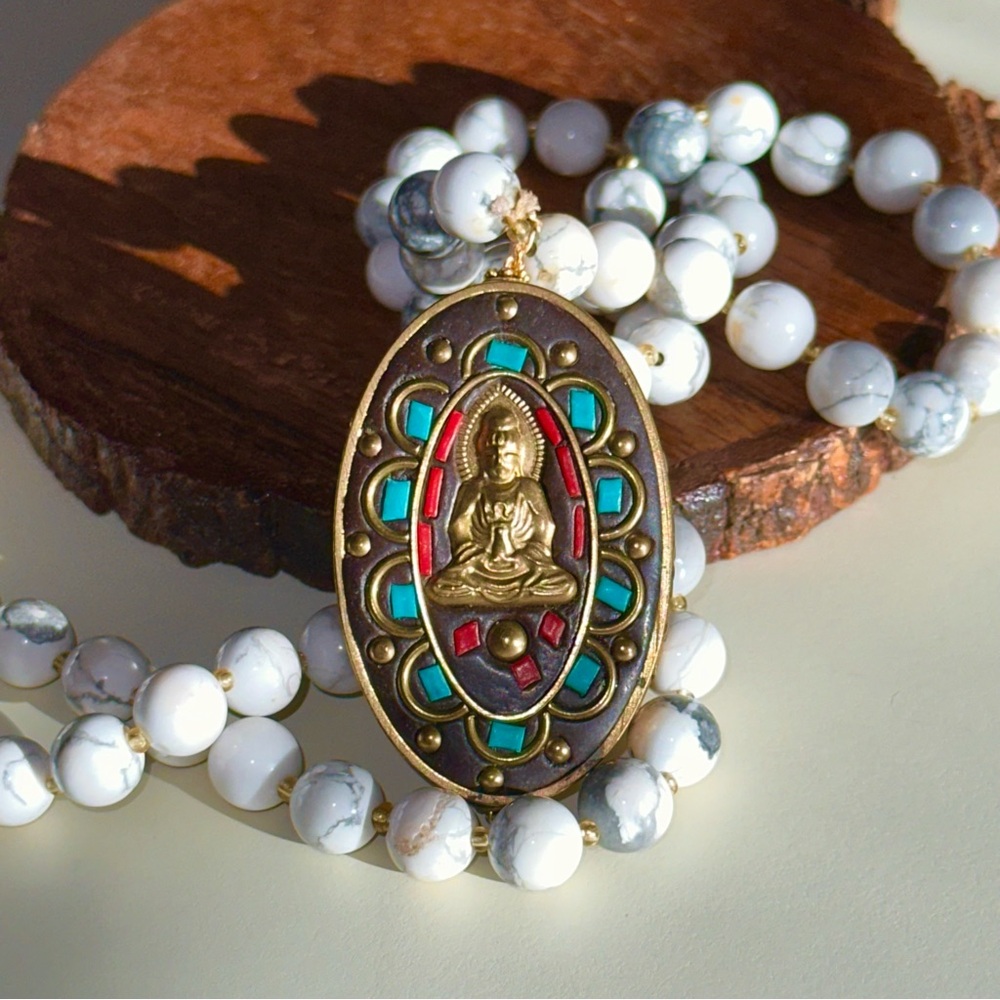 Beaded Howlite Necklace with Buddha Gold Pendant Bohemian Crystals Festival 17in